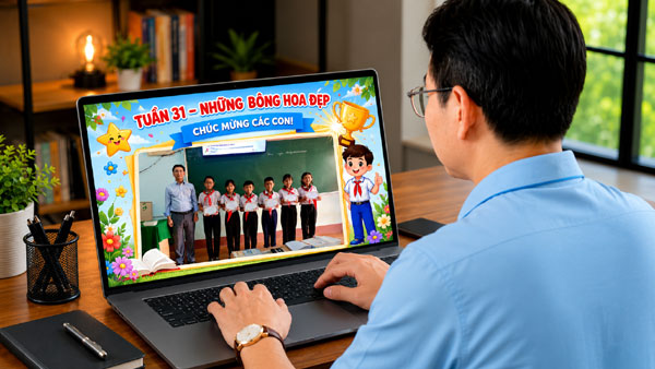 Thầy Minh đang tạo thư khen tren canva